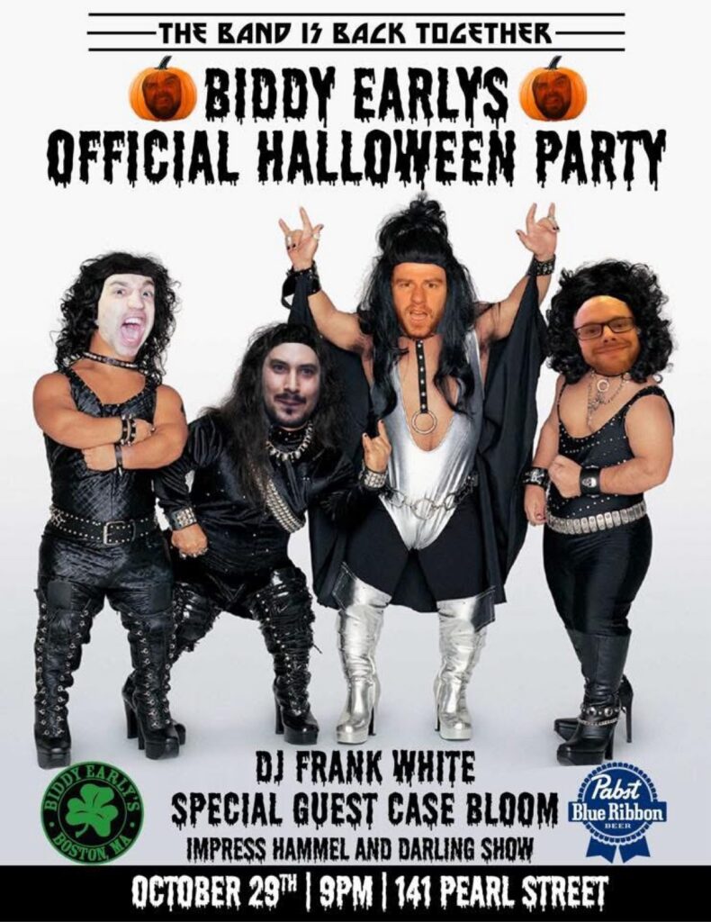 Biddy Earlys official Halloween party at 141 Pearl Street, Boston MA — October 29th flyer, with DJ Frank White and special guest Case Bloom.