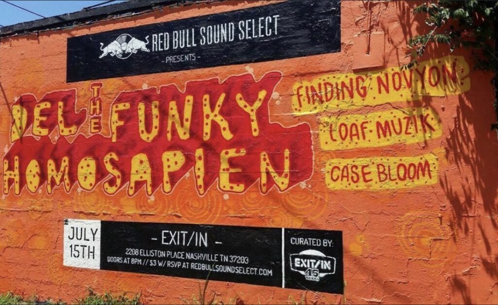 Red Bull Sound Select mural — Del The Funky Homosapien with Finding Novyon, Loaf Muzik, and Case Bloom; July 15th at Exit/In, Nashville.