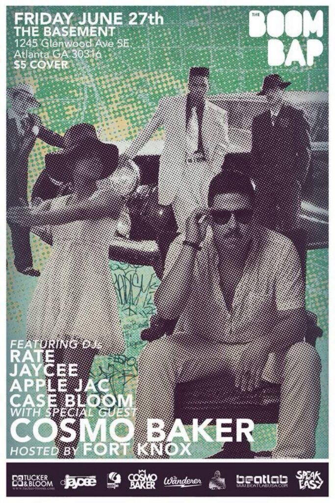 The Boom Bap at The Basement, Atlanta — Friday June 27th flyer, with Rate, Jaycee, Apple Jac and Case Bloom, special guest Cosmo Baker, hosted by Fort Knox.