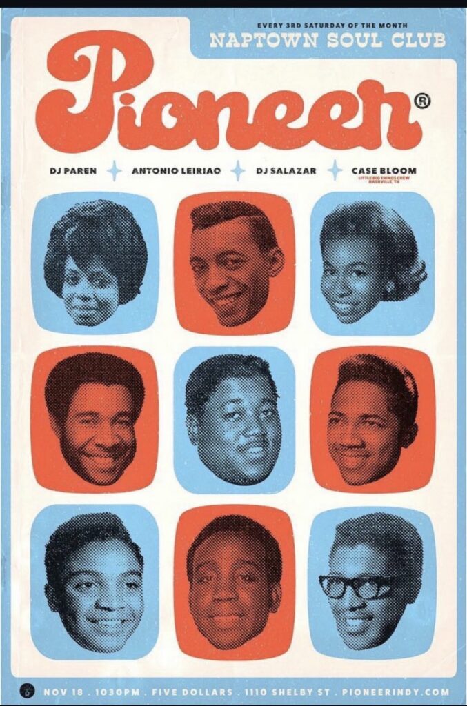 Naptown Soul Club flyer at Pioneer — November 18 with DJ Paren, Antonio Leiriao, DJ Salazar, and Case Bloom (Little Big Things Crew, Nashville TN).