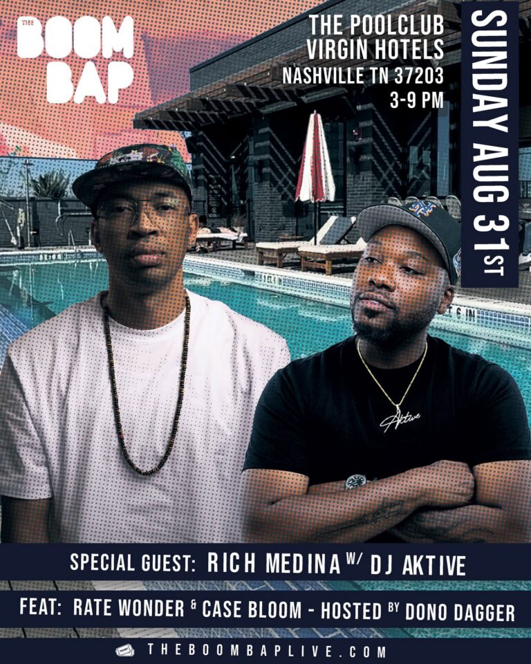 The Boom Bap pool party flyer featuring Rich Medina and DJ Aktive from 2025