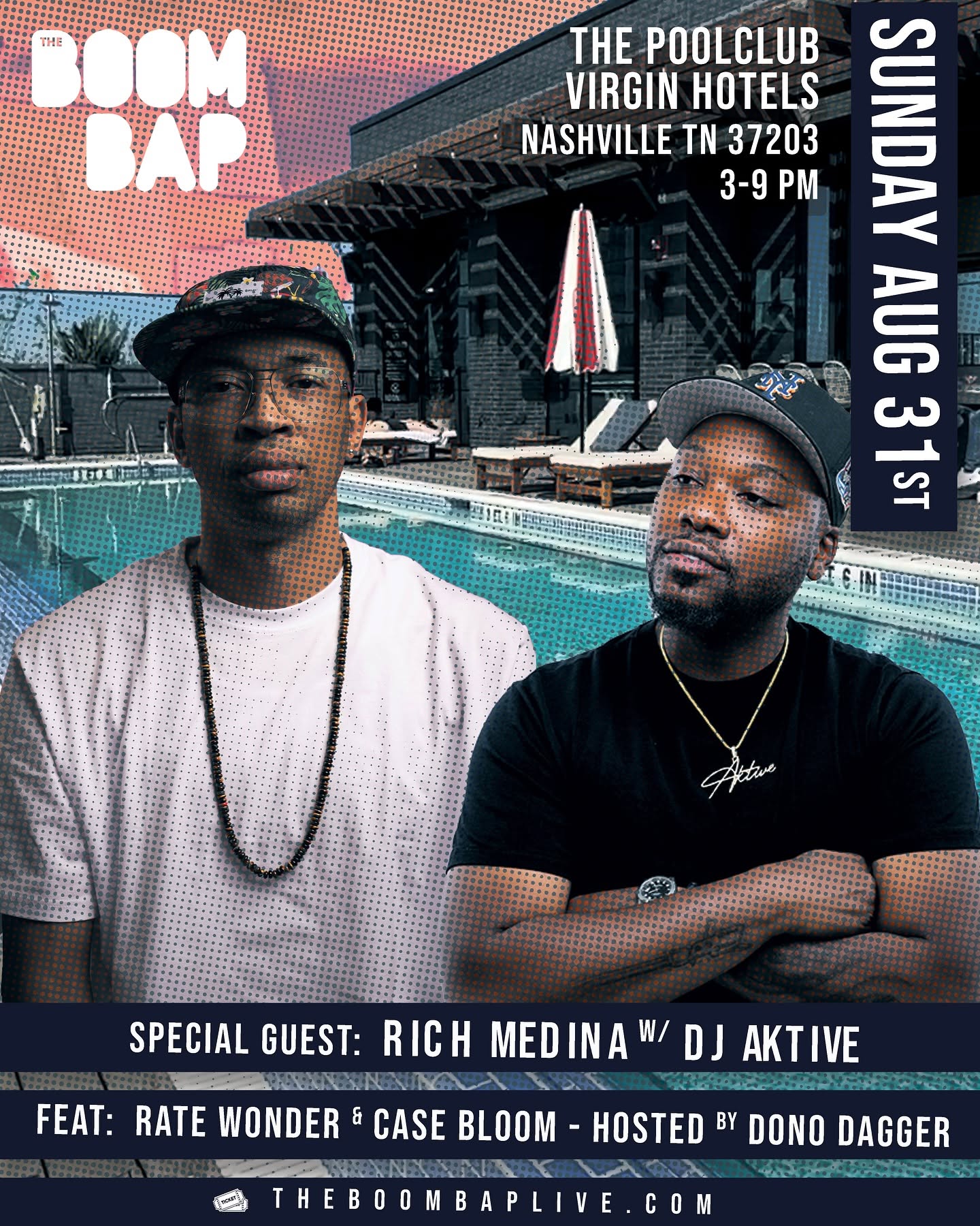 The Boom Bap pool party flyer featuring Rich Medina and DJ Aktive from 2025