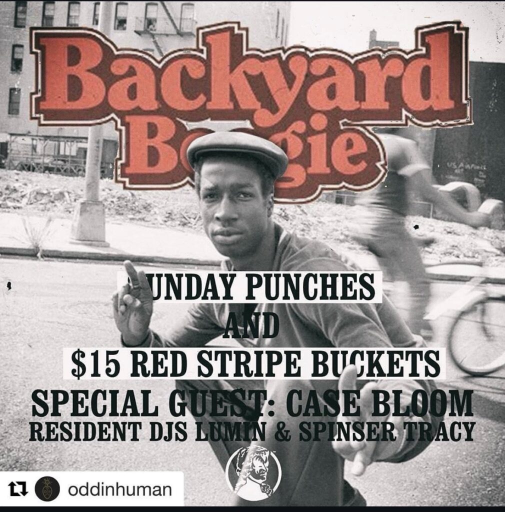 Backyard Boogie flyer — special guest Case Bloom with resident DJs Lumin and Spinser Tracy.
