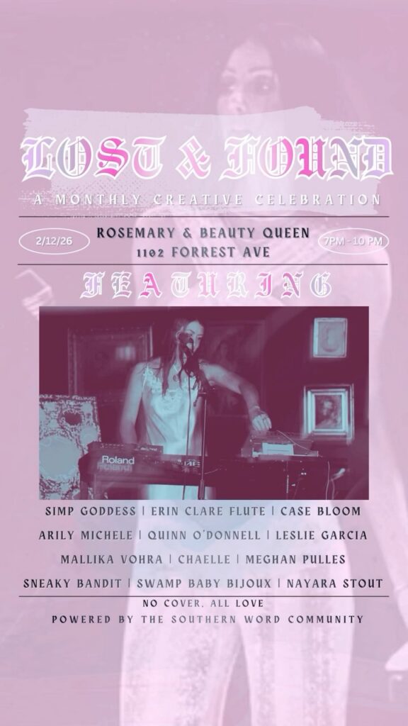 LOST & FOUND flyer: Simp Goddess, Erin Clare Flute and Case Bloom, Rosemary & Beauty Queen Nashville, February 12, 2026