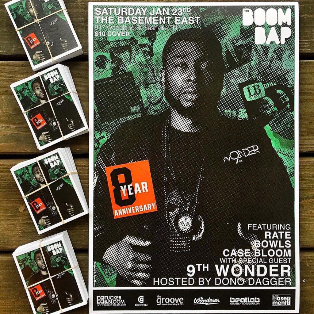 The Boom Bap 8 Year Anniversary flyer — The Basement East, Nashville, Saturday January 23rd, $10 cover; featuring Rate, Bowls, Case Bloom with special guest 9th Wonder, hosted by Dono Dagger